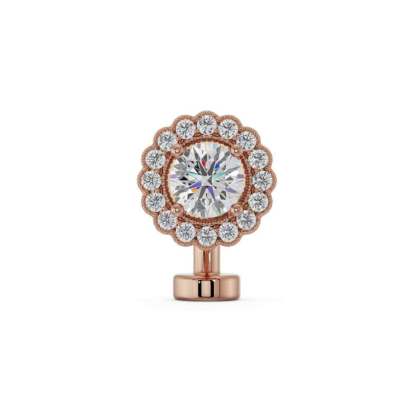 14k rose gold floating navel ring with diamond center and milgrain scalloped halo setting, front view