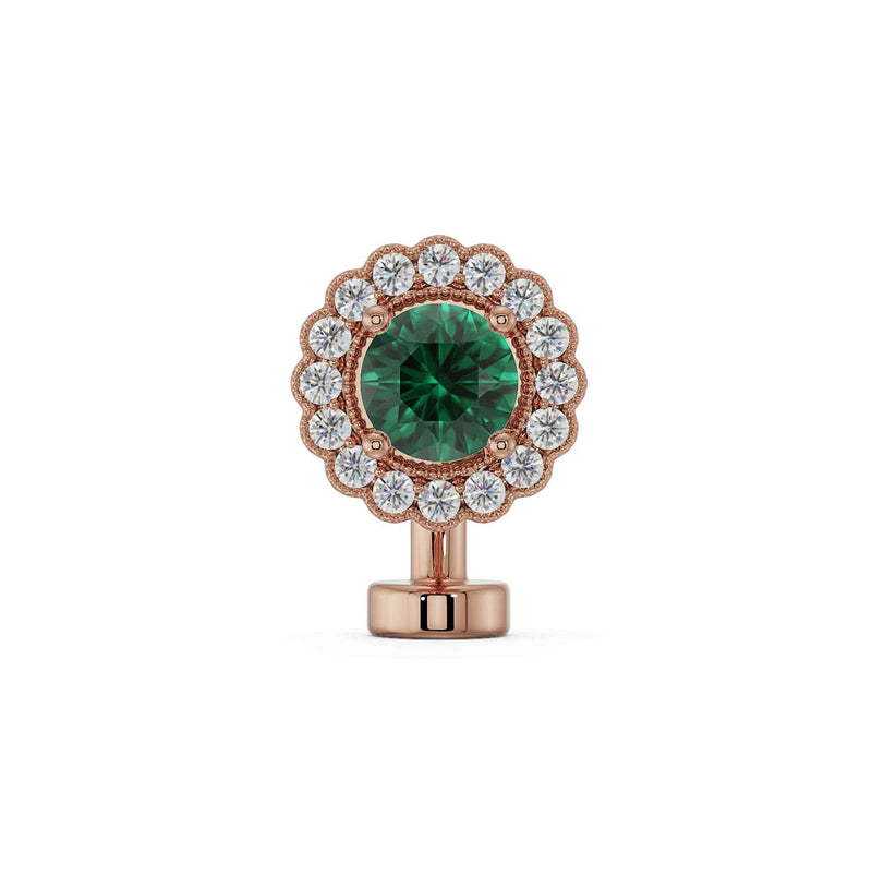 14k rose gold floating belly ring with emerald center stone and diamond halo, front view