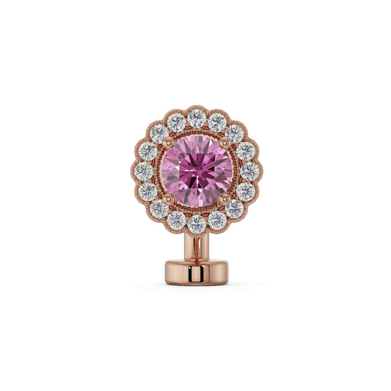 14k rose gold floating belly ring with pink sapphire center and diamond halo, front view
