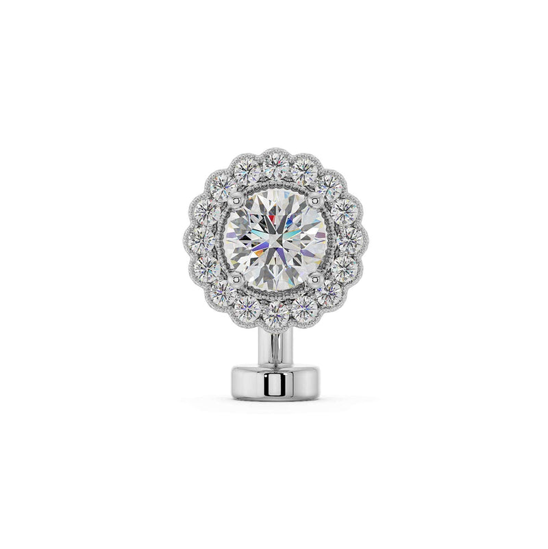 14k white gold floating belly ring with round VS1 diamond center and diamond halo, front view