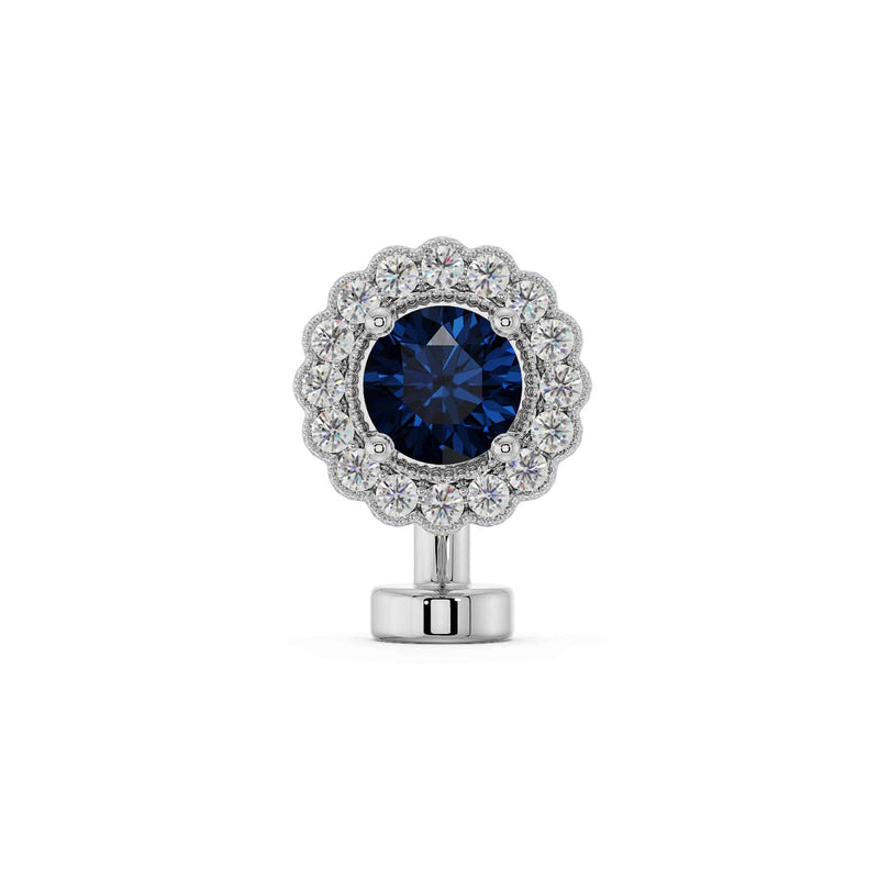 14k white gold floating navel ring with blue sapphire center and scalloped diamond halo, front view