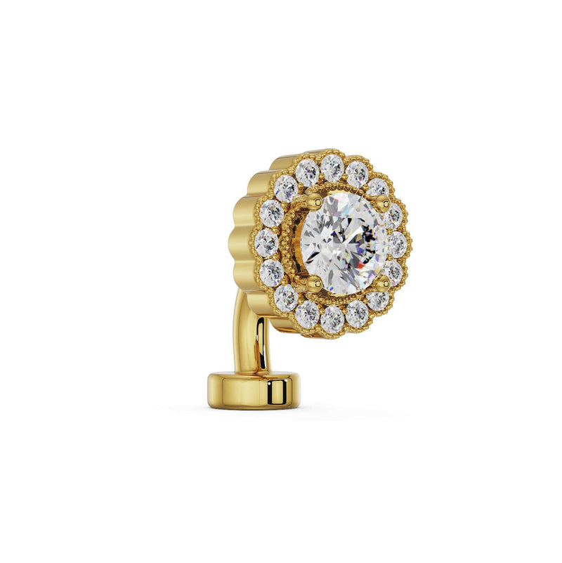 Side profile of 14k yellow gold floating navel ring with CZ center and scalloped diamond halo