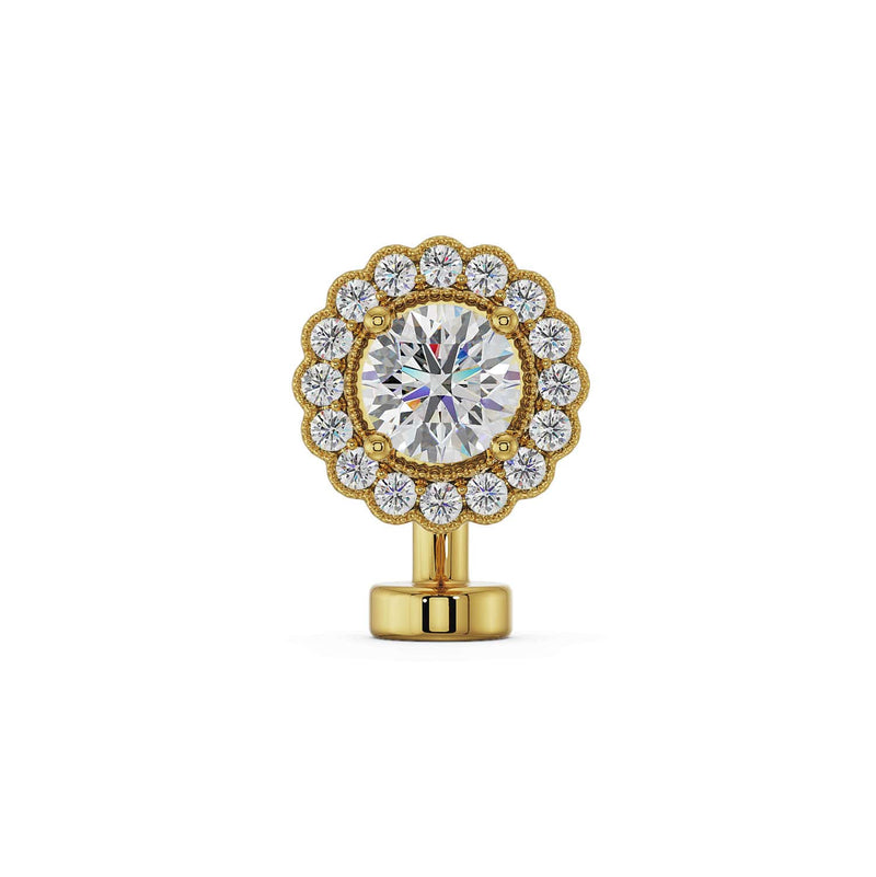 14k yellow gold floating belly ring with round diamond center and milgrain-edged diamond halo