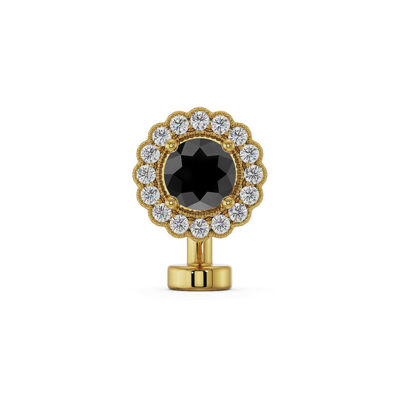 14k yellow gold floating navel ring with black diamond center and white diamond halo, front view