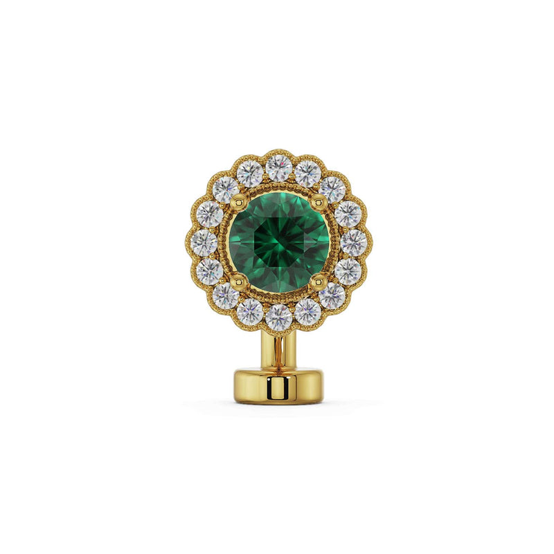 14k yellow gold floating navel ring with emerald center stone and diamond halo, front view