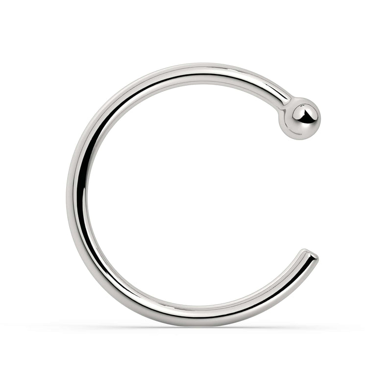 14K white gold nose hoop with ball end, polished C-shape, front view on white background