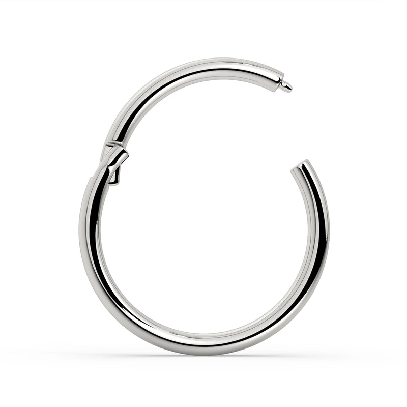 18K white gold plain clicker ring hoop shown open, side view revealing clicker hinge mechanism