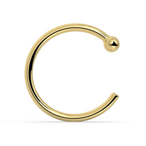18K yellow gold nose hoop with ball end, polished open-hoop style, front view on white background