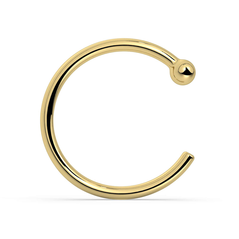 18K yellow gold nose hoop with ball end, polished open-hoop style, front view on white background
