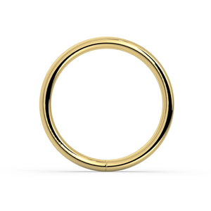 18K yellow gold seam ring hoop, polished plain band, flat front view on white background