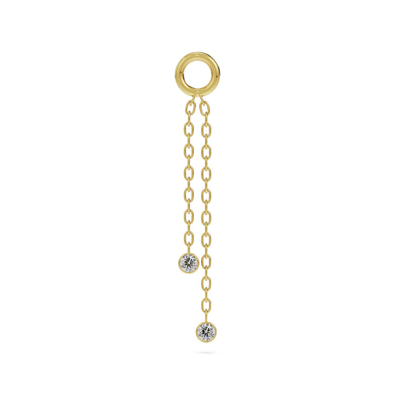14K yellow gold duo diamond piercing chain with two bezel-set diamonds on staggered cable chains