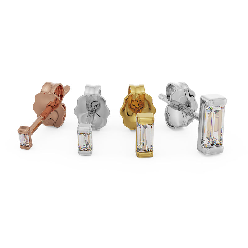 14K rose gold, yellow gold, and white gold baguette diamond studs side by side showing all metal options