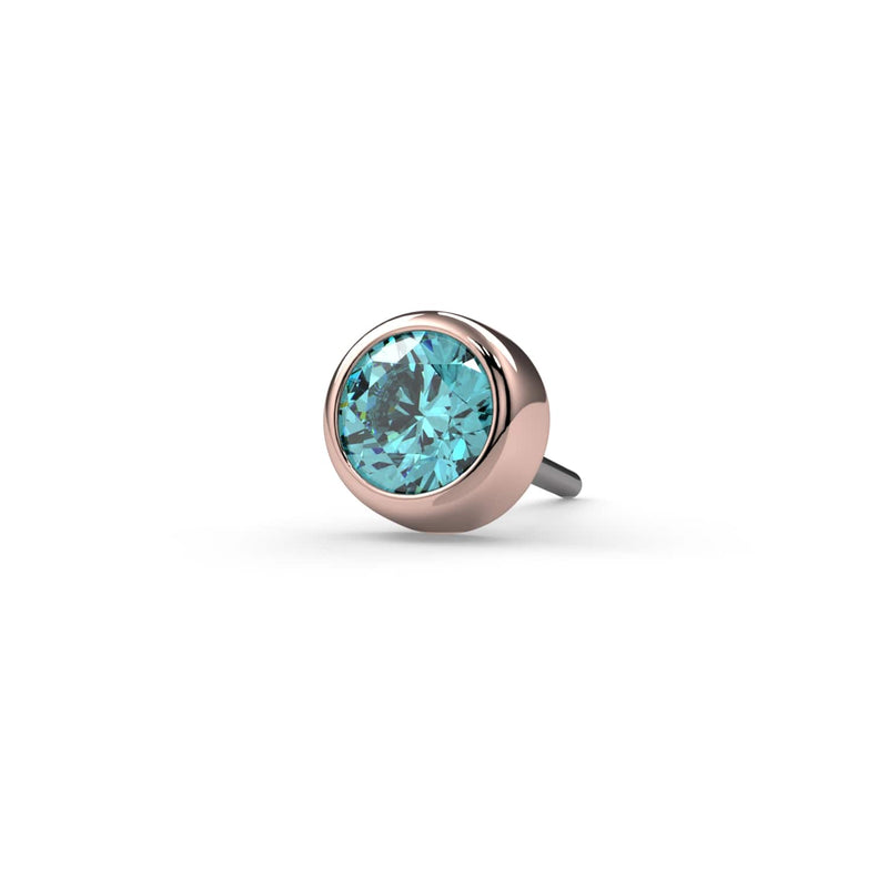 14K rose gold aqua diamond bezel end only, front view showing threadless push-pin post