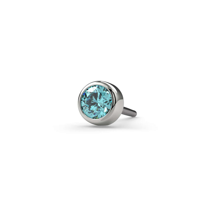 14k white gold 2mm aqua diamond bezel end only with threadless push-pin post, angled close-up