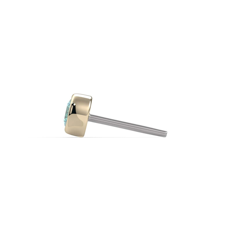 Side view of 14k yellow gold aqua diamond bezel end only showing push-pin post profile and low-profile setting