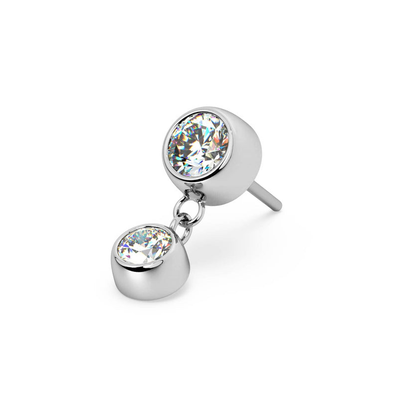 14k white gold bezel gem dangle threadless stud end with two CZ stones, angled view