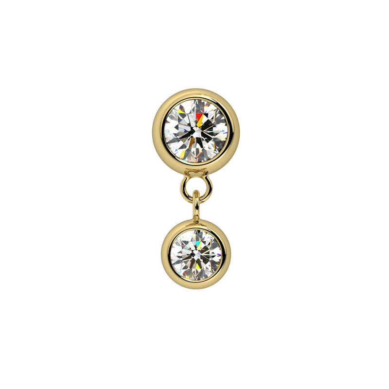 14k yellow gold double bezel diamond dangle cartilage stud end, straight-on front view