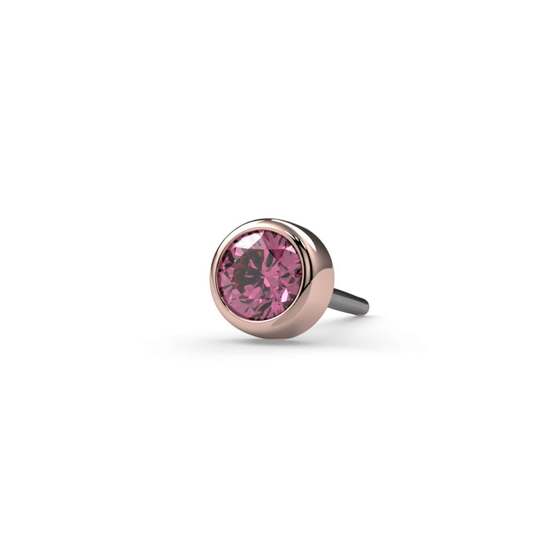 14k rose gold 2mm pink diamond bezel end only, close-up front view showing smooth bezel setting