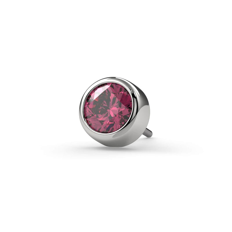 14k white gold 3mm pink diamond bezel end only, angled front view showing smooth bezel setting and pin