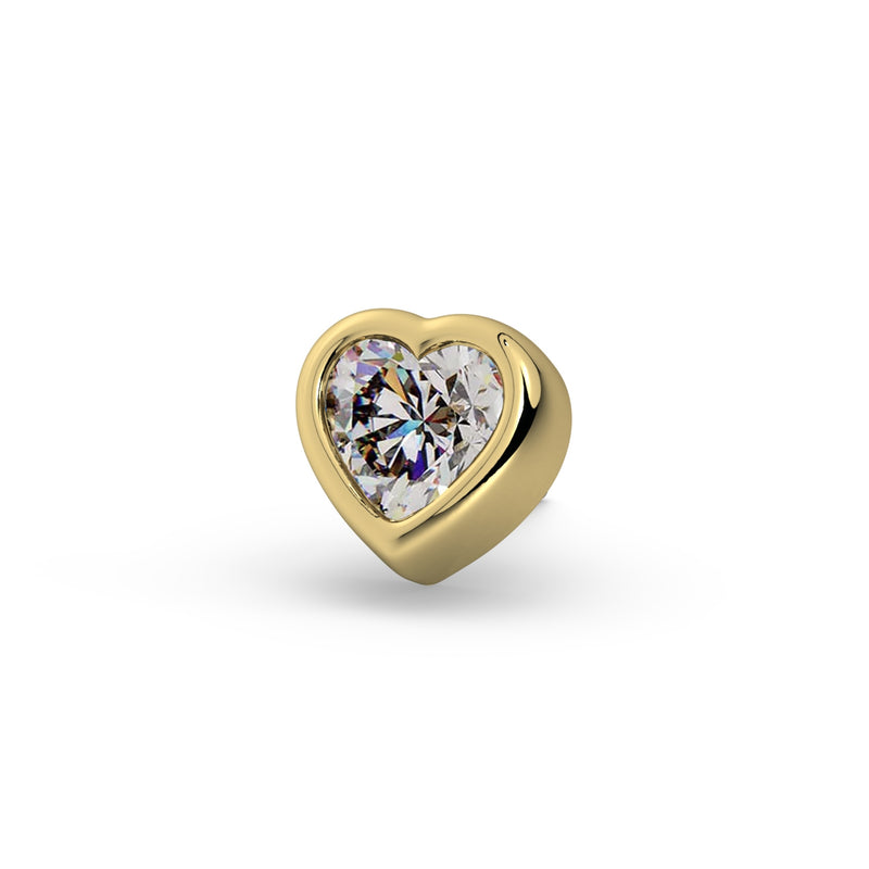 14k yellow gold diamond heart labret end only, front view highlighting bezel setting and sparkle