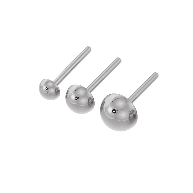 Polished silver-tone dome threadless push pin ends in three sizes showing size progression, front view