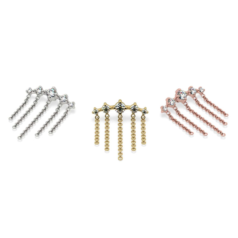 Evenfall dangle earring in all three metal options: 14K white gold, yellow gold, and rose gold side by side