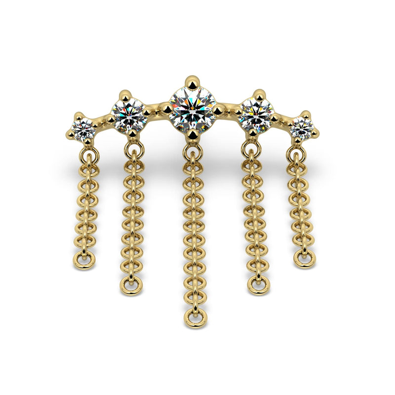 Close-up of 14k yellow gold Evenfall stud end highlighting prong-set CZ stones and interlocking chain link detail