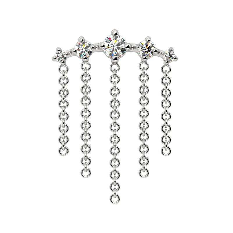 14K white gold Evenfall dangle lobe earring, front view with sparkling CZ bar and five cascading chain strands