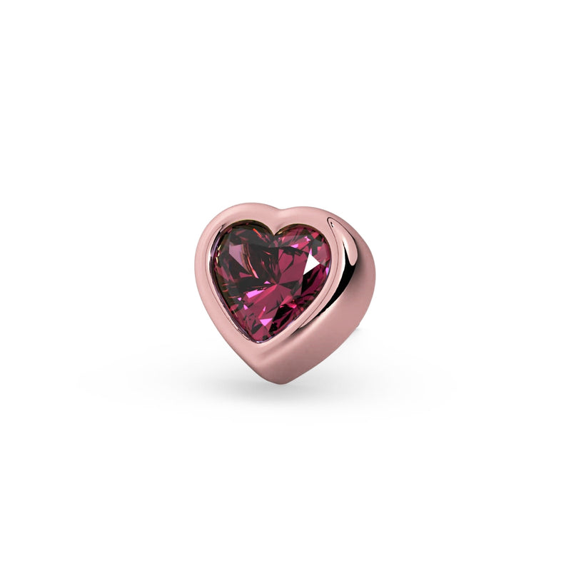 Close-up front view of 14k rose gold heart bezel stud highlighting rhodolite garnet end-only threadless top
