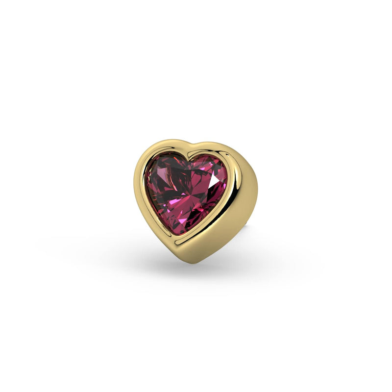 Close-up front view of 14k yellow gold heart bezel stud showing rhodolite garnet facets and setting detail