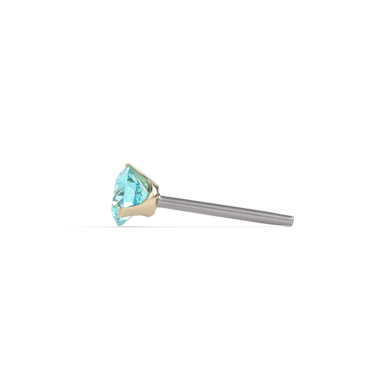 Side profile of 14k yellow gold aqua diamond threadless end showing pin post and prong height