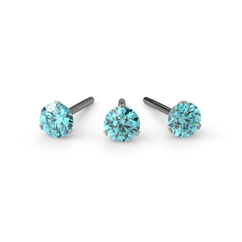 Aqua diamond Lumina 3-prong threadless ends shown in white gold, yellow gold, and rose gold options
