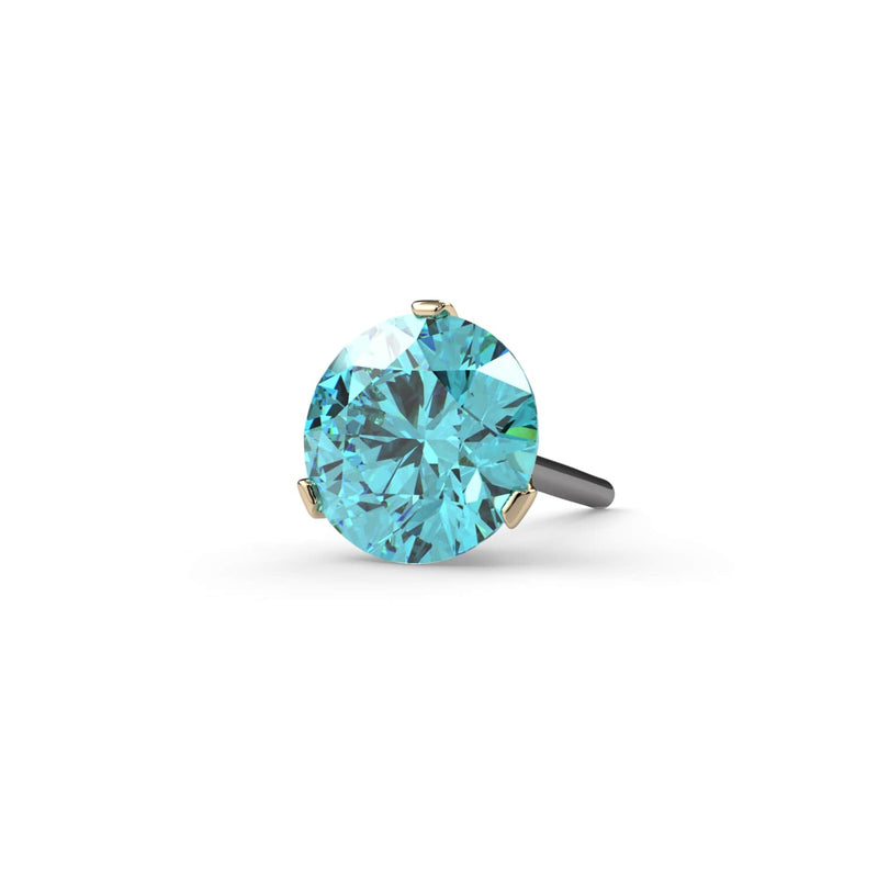 14k yellow gold aqua diamond 3-prong stud end, 3mm stone size, prominent top-down angled view