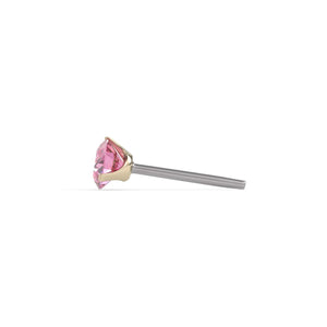 Side profile of 14k yellow gold pink diamond piercing stud end showing pin post length and prong height