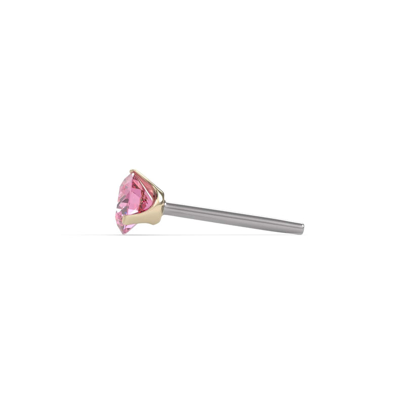 Side profile of 14k yellow gold pink diamond piercing stud end showing pin post length and prong height