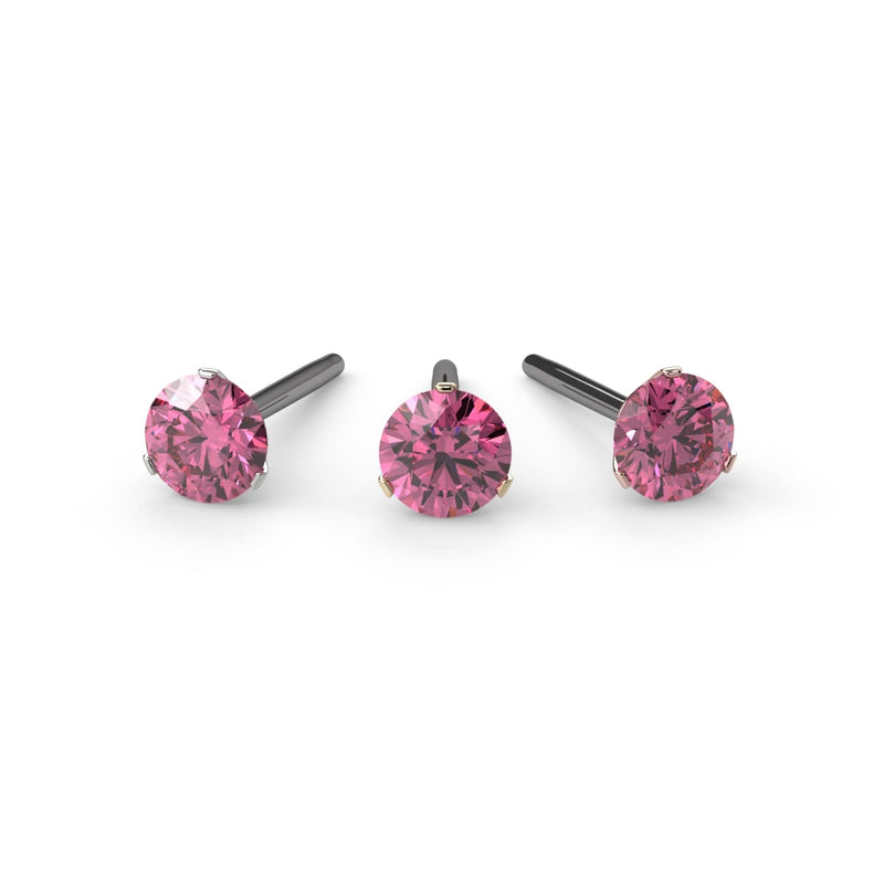 All three metal options for pink diamond 3-prong threadless stud: white gold, yellow gold, and rose gold