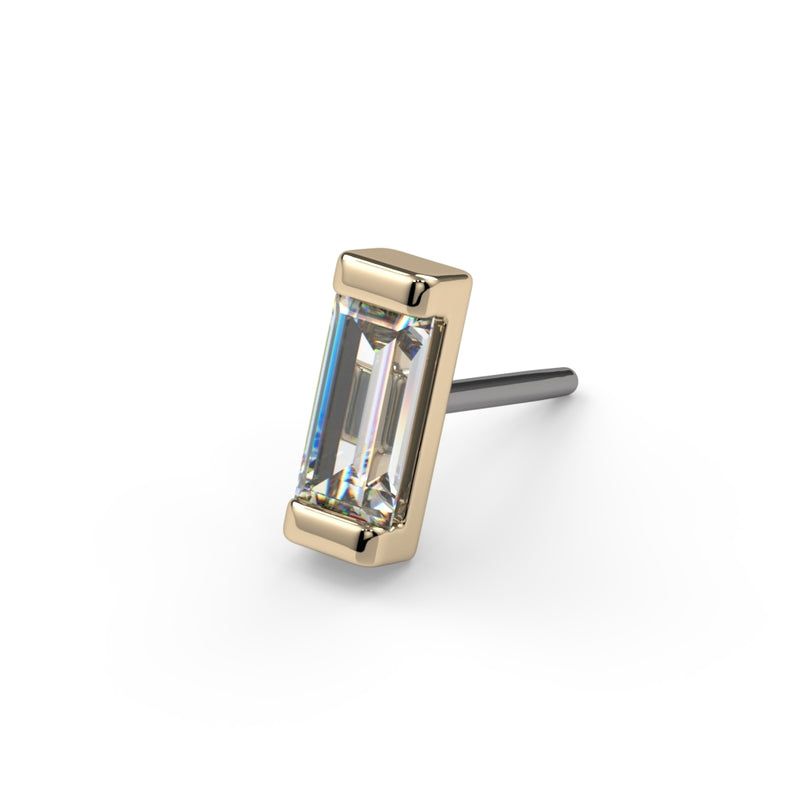 14k yellow gold baguette diamond push pin end, angled view showing threadless pin post and bar setting