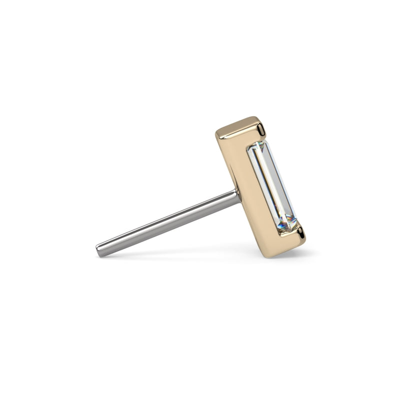 Side profile of 14k yellow gold baguette diamond threadless end showing pin post depth and setting height