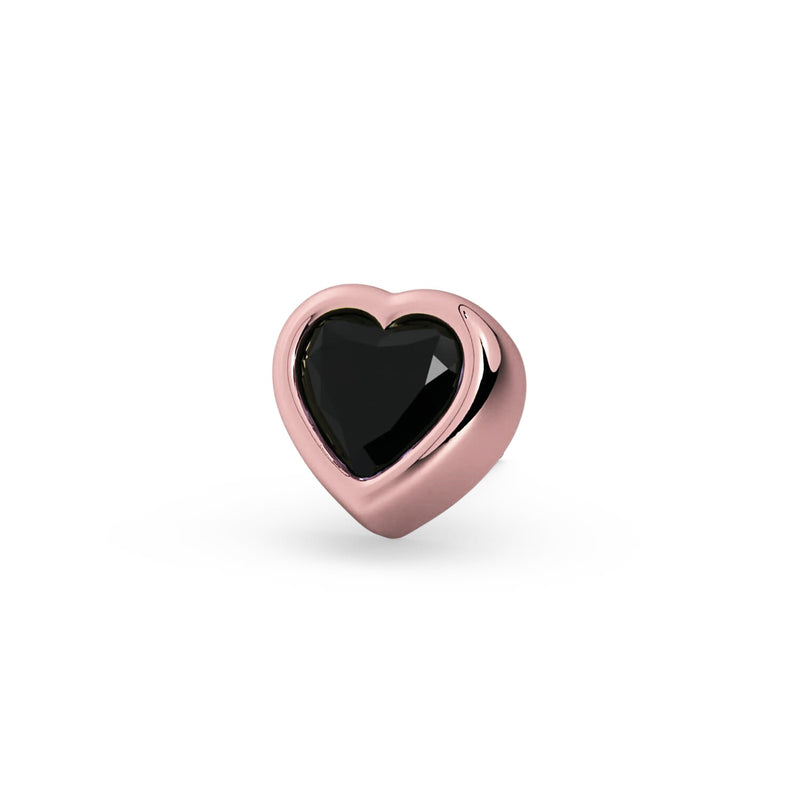 Close-up front view of 14k rose gold heart stud end showing bezel-set black onyx gemstone detail