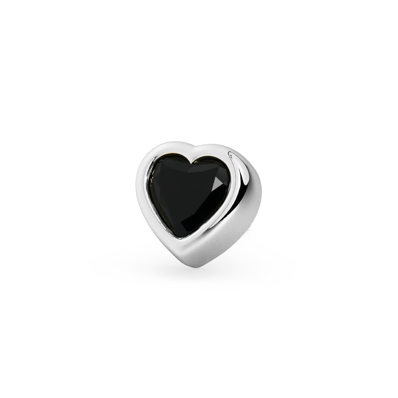Close-up front view of 14k white gold heart stud end showing bezel-set black onyx gemstone detail