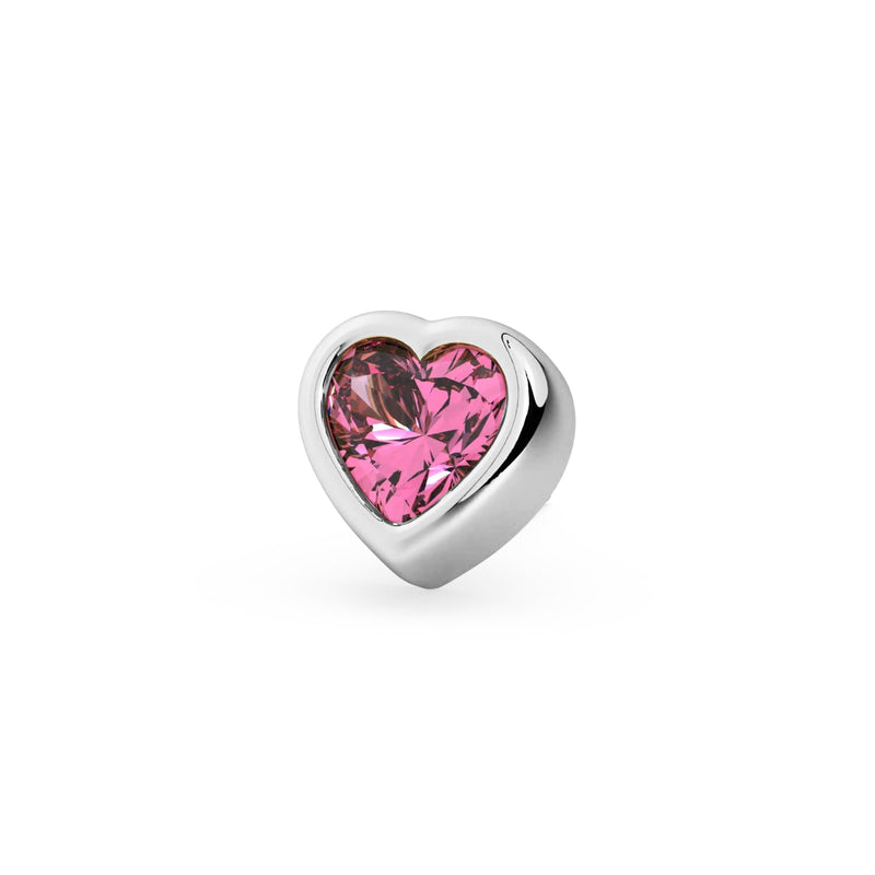 Close-up front view of 14k white gold bezel-set pink sapphire heart stud end only