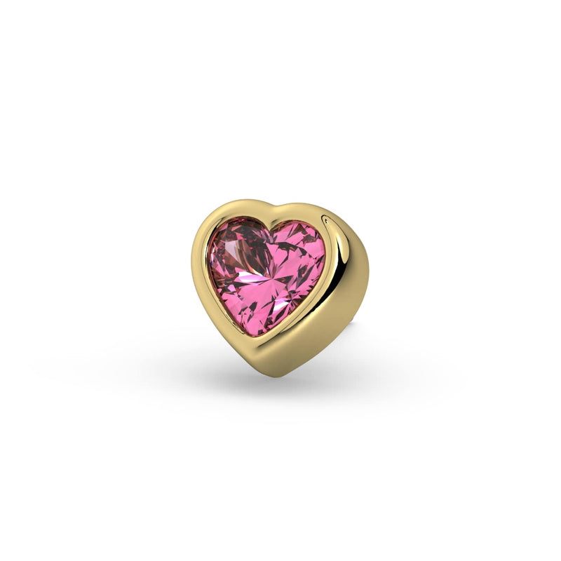 Close-up front view of 14k yellow gold bezel-set pink sapphire heart stud end only