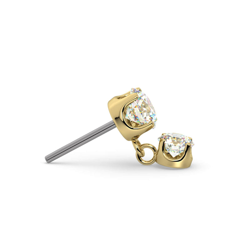 Side profile of 14k yellow gold prong dangle threadless end showing press-fit pin post detail
