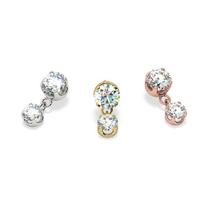 Prong gem dangle threadless stud end in white, yellow, and rose gold with CZ stones, all three variants
