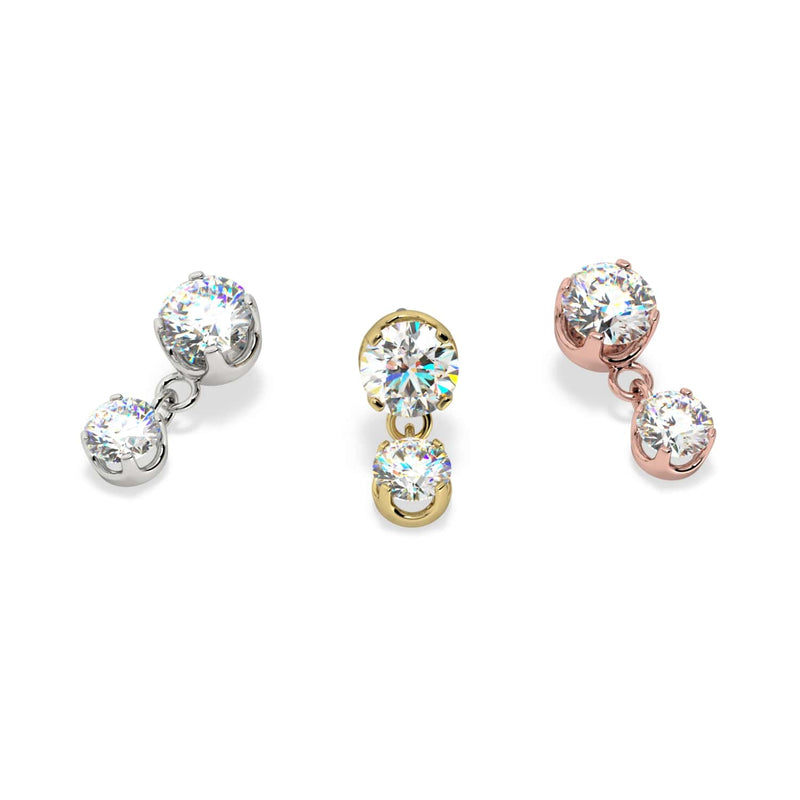 Prong gem dangle threadless stud end in white, yellow, and rose gold with CZ stones, all three variants