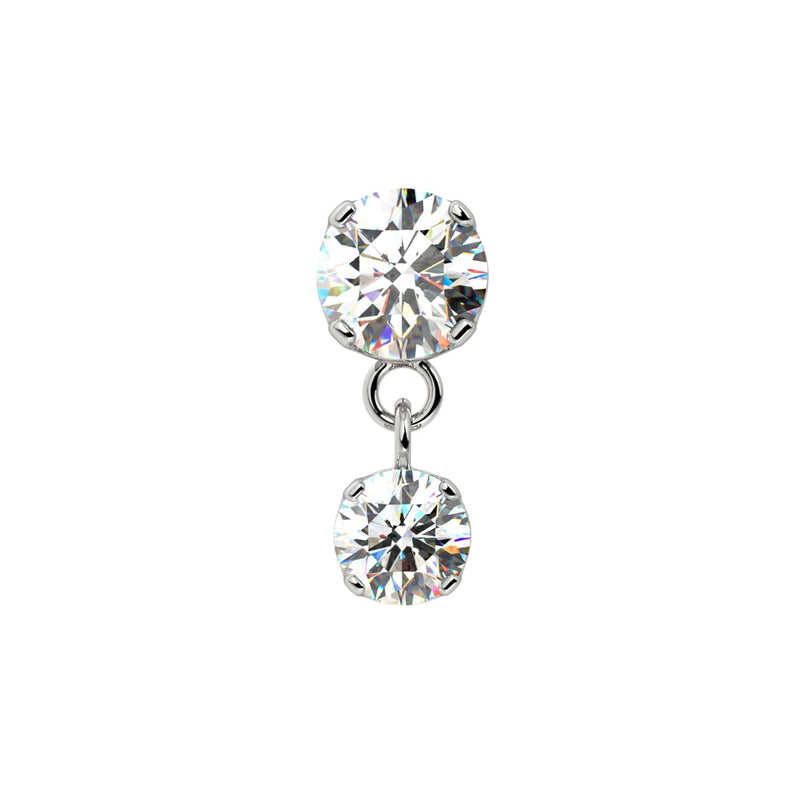 14k white gold prong gem dangle threadless end, front view with two prong-set round CZ stones
