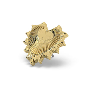 Angled view of 14k yellow gold radiant heart threadless end showing pin post and dimensional depth