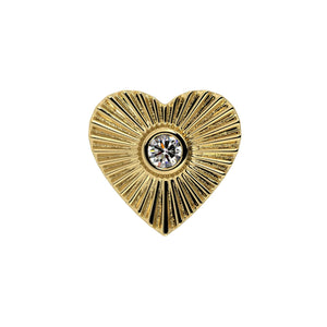 14k yellow gold sunburst heart threadless stud end with bezel-set diamond, front view