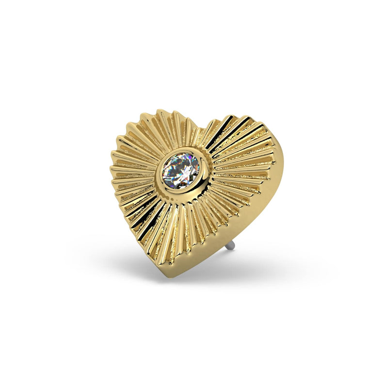 14k yellow gold sunburst heart threadless push-pin end only, angled side profile showing pin post