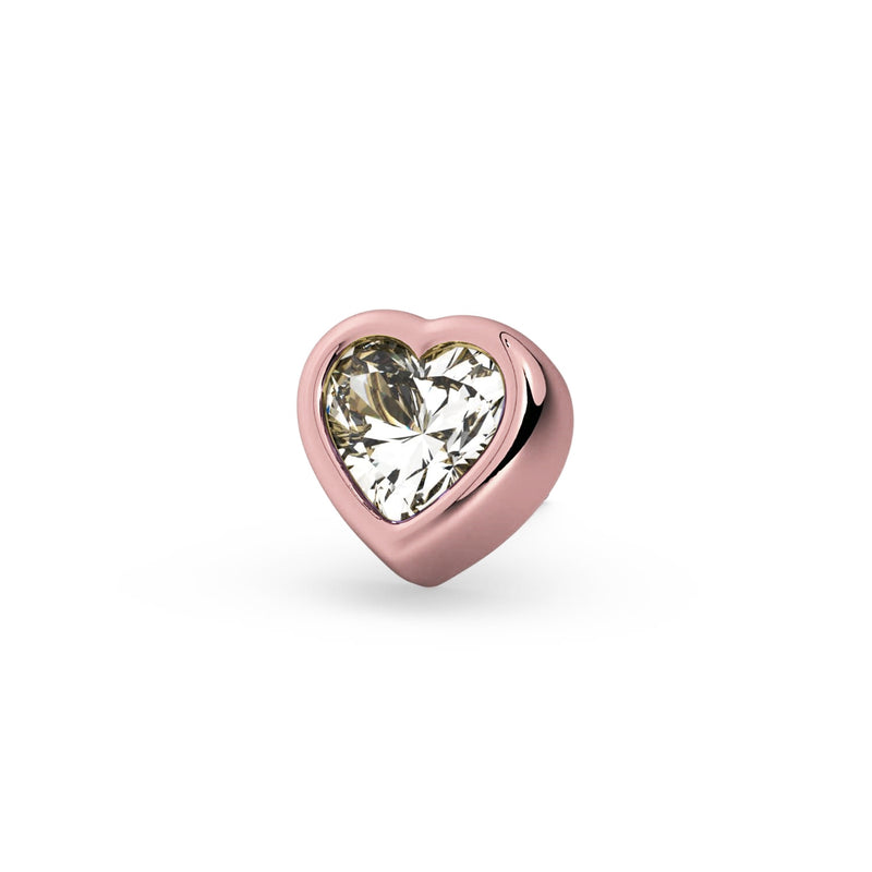 Close-up front view of 14k rose gold bezel-set white sapphire heart stud end only